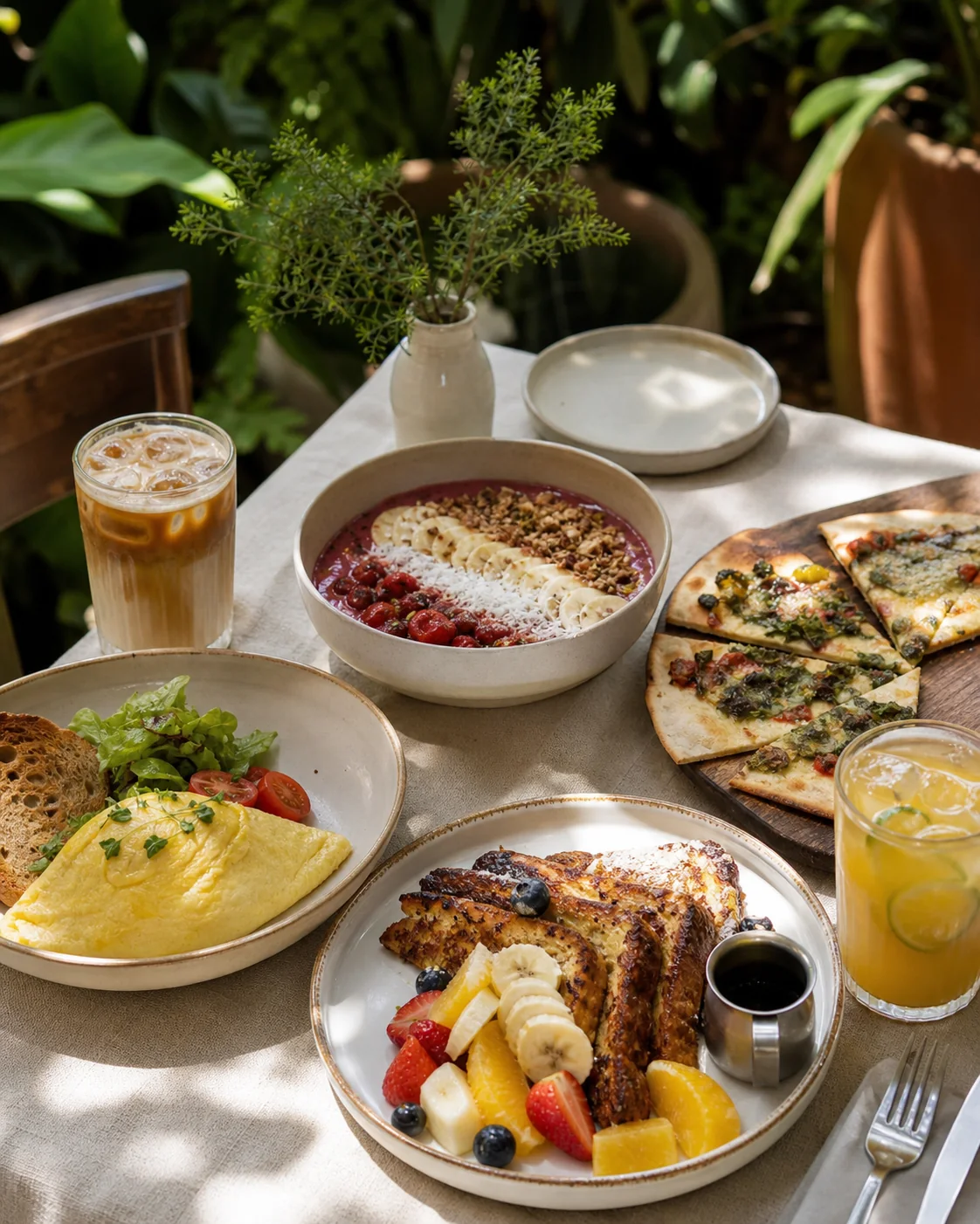 A shared brunch table with French toast, omelette, smoothie bowl, pizza and cold drinks