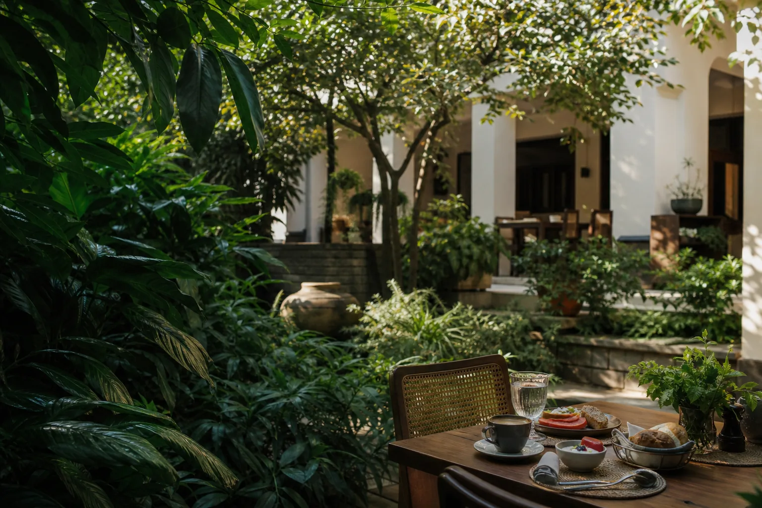 A warmly lit garden table