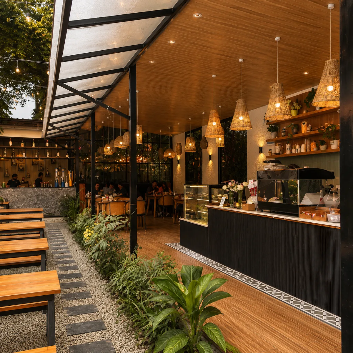 The Gardens Sanepa dining room with garden seating and warm pendant lights